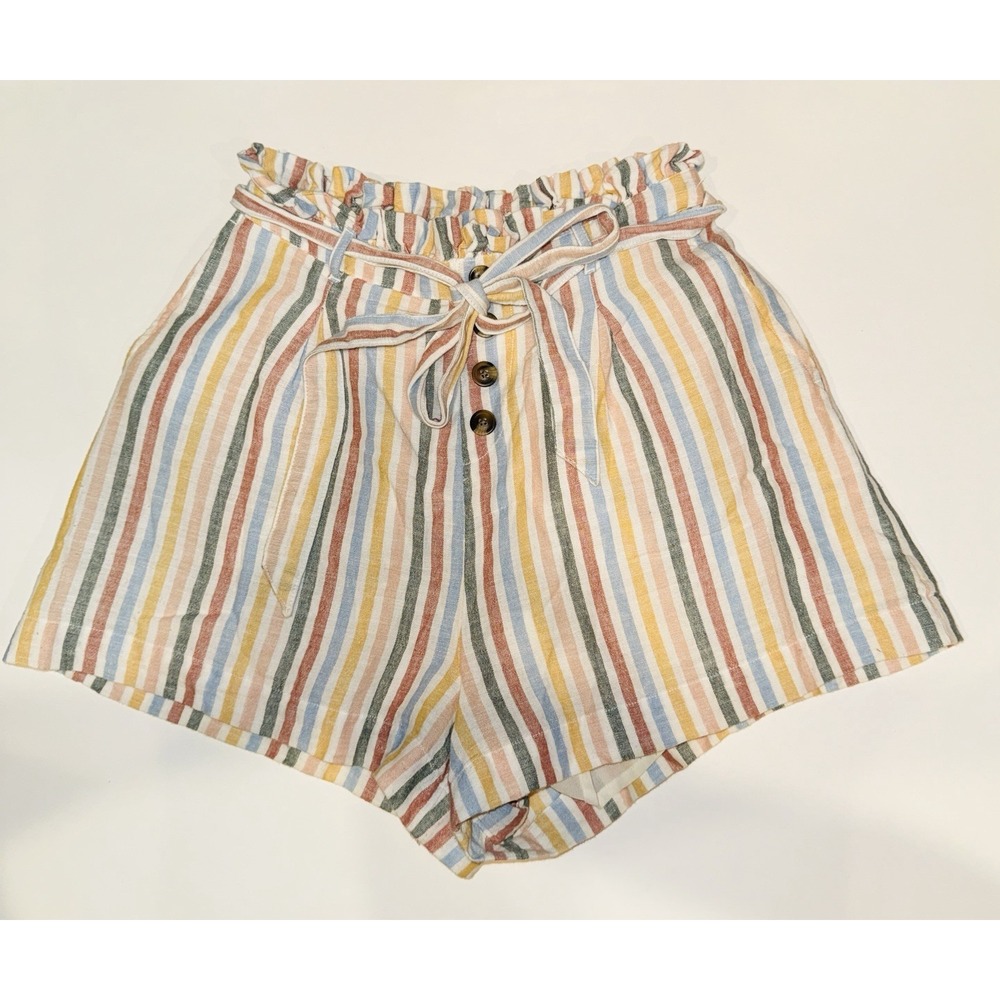 American Eagle High Waisted Paperbag Shorts Women's XS Linen Blend Striped